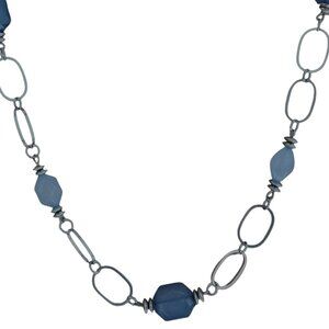 Retro Chunky Blue Beads Silver Tone Chain Statement Necklace Fashion Jewelry